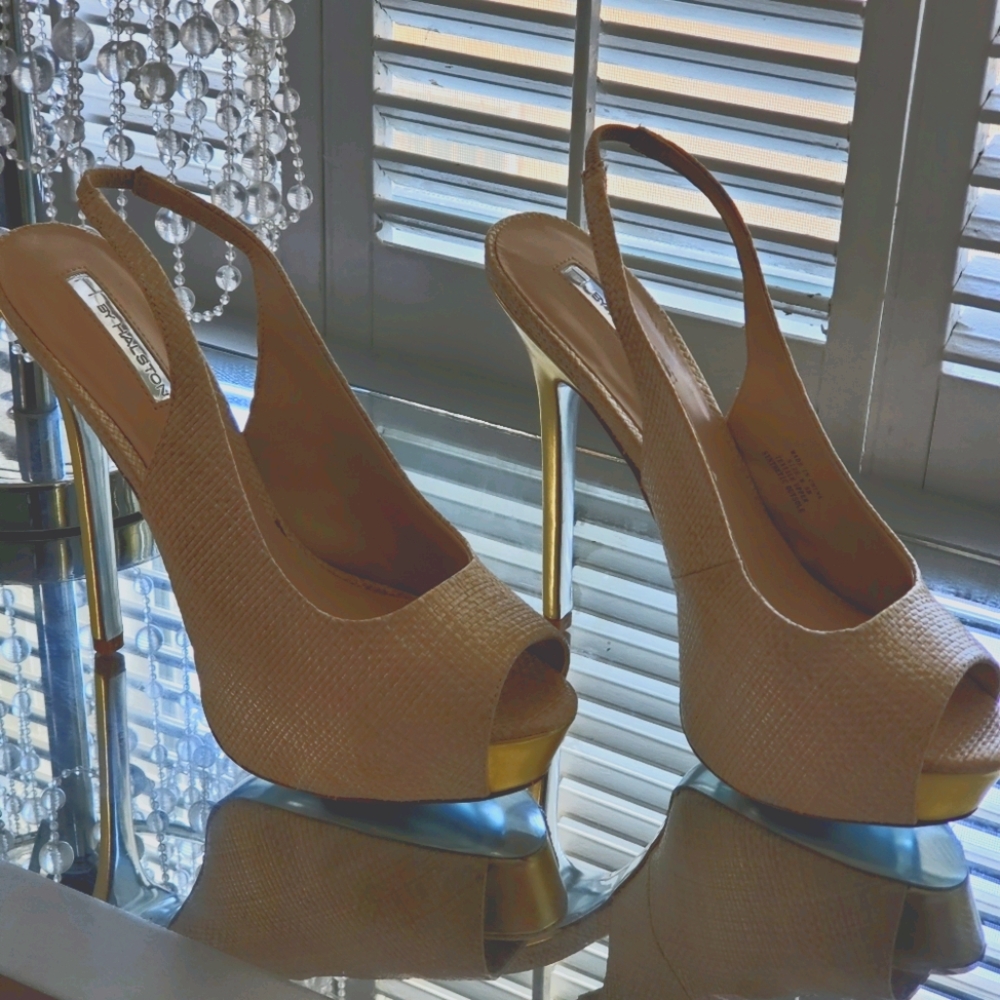 Gold heel, straw couture open toe Sling back shoe